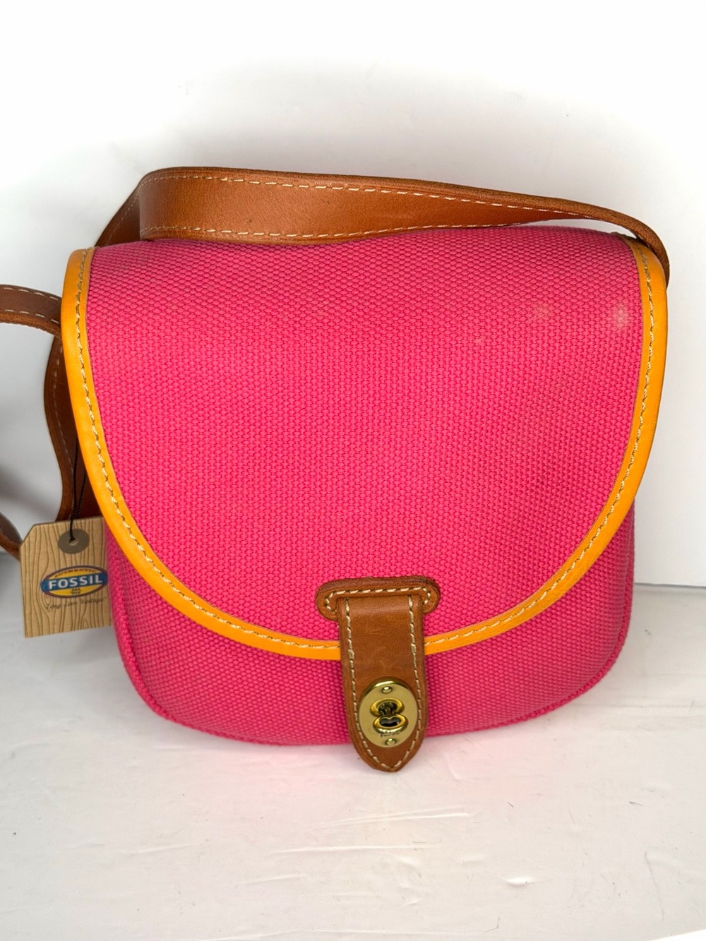 Fossil Hot Flamingo Pink Canvas Crossbody with Tan Trim